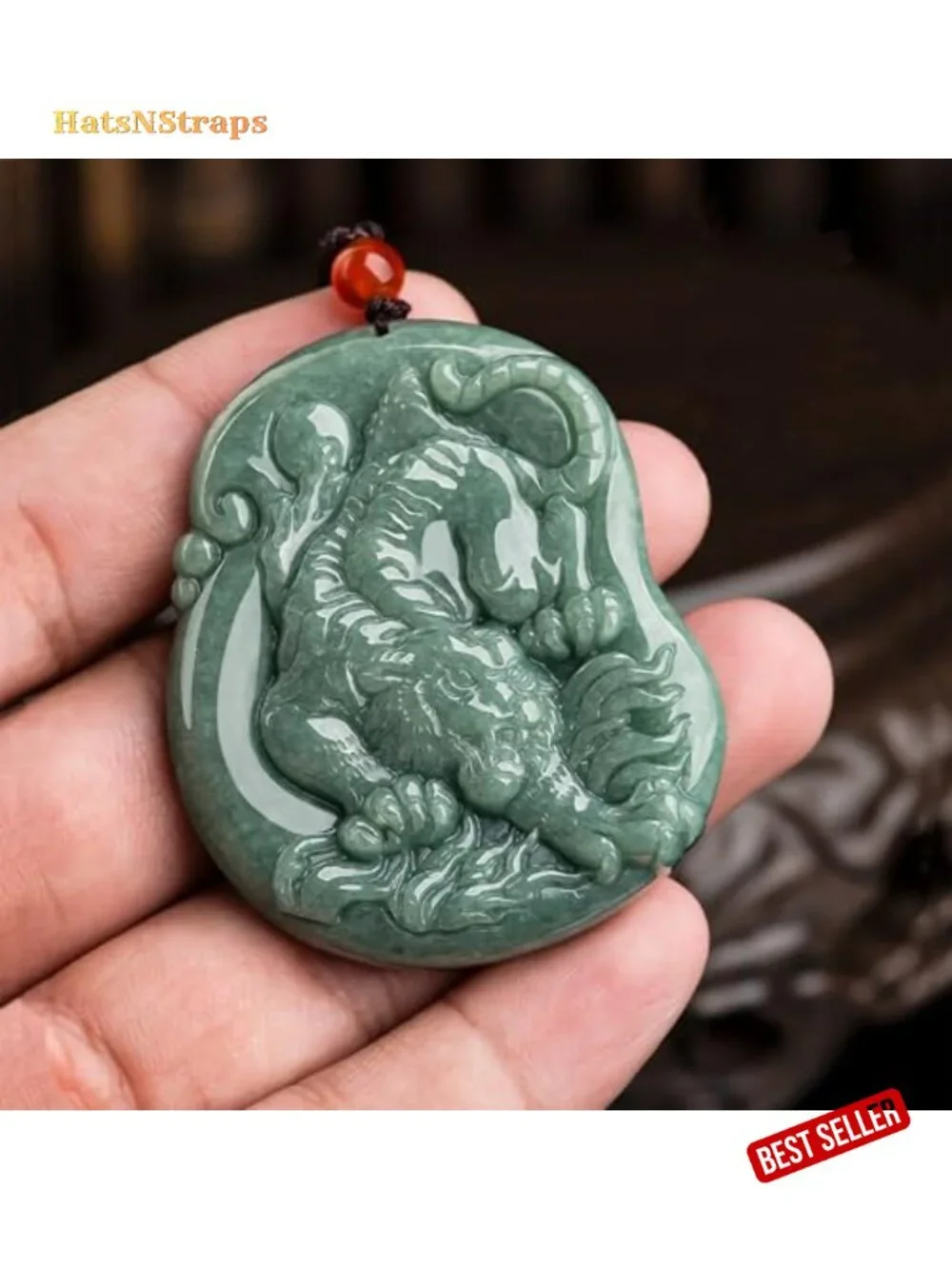 Hand-Carved Tiger Natural Jade Pendant Necklace for Men Women, Zodiac Stone